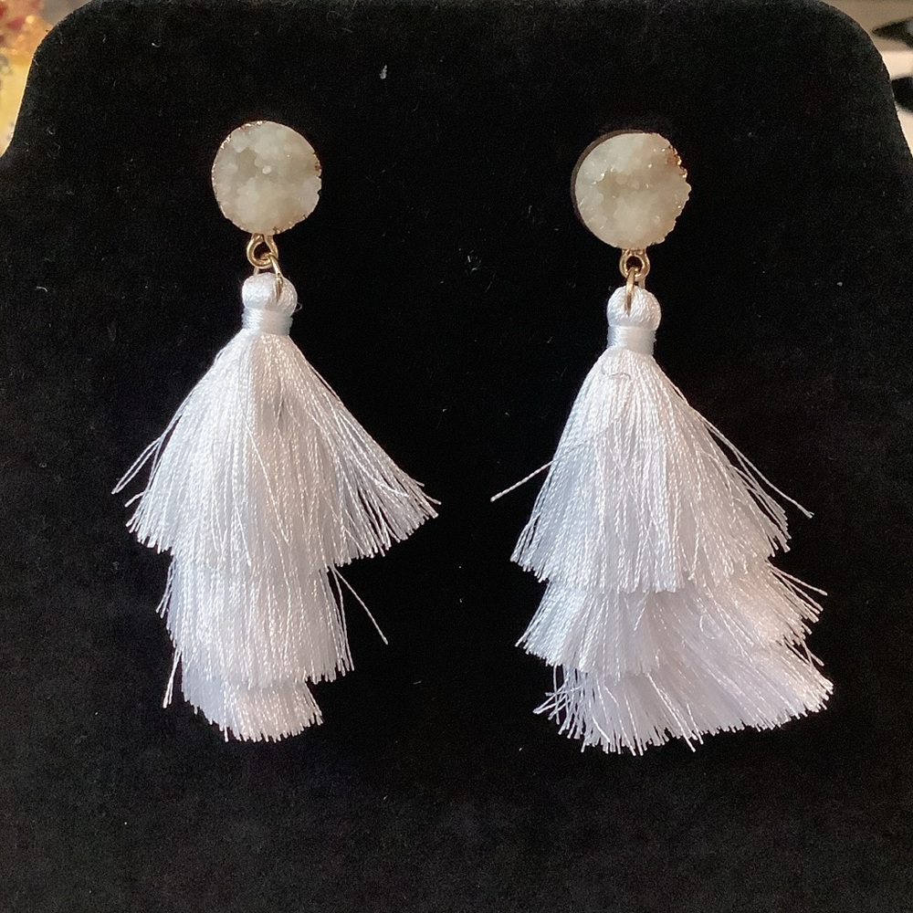White Tassel Drop Earrings with Sparkling Druzy Stud, Brand New